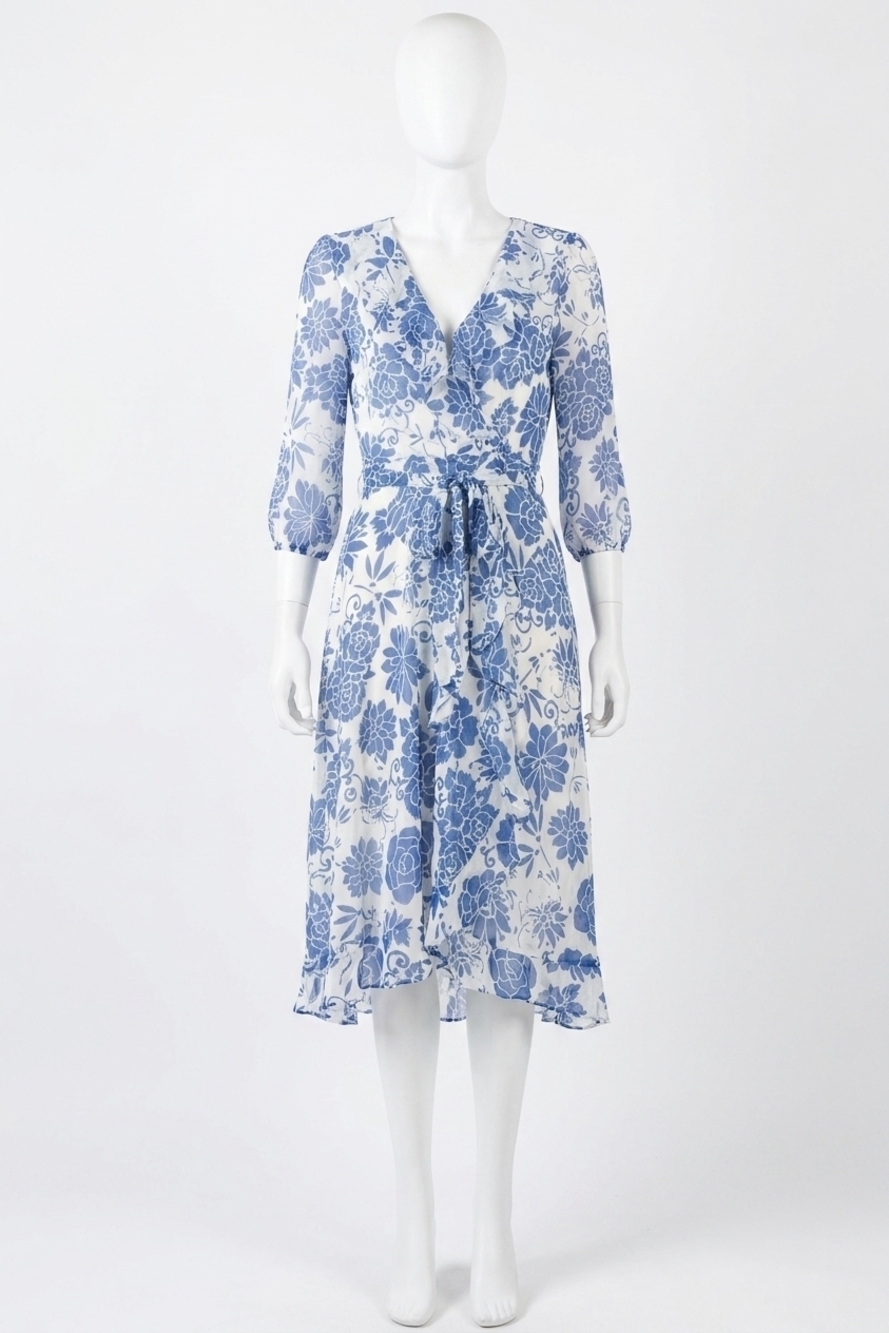 NEW MAISON TARA floral wrap style midi dress in ivory slate